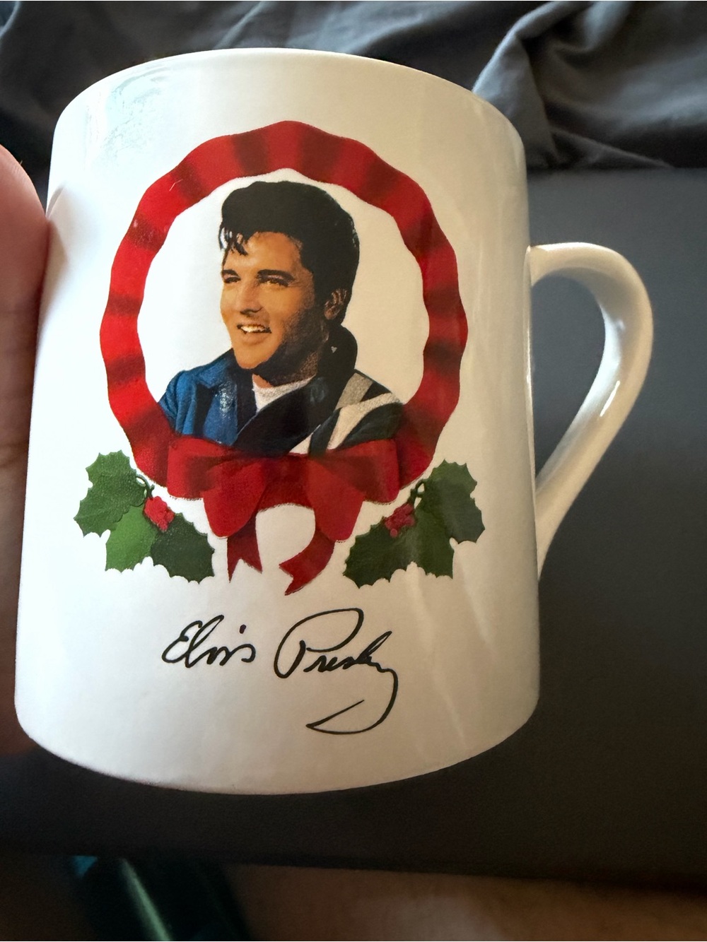 White Holiday Ceramic Coffee Mug with Red Wreath Design